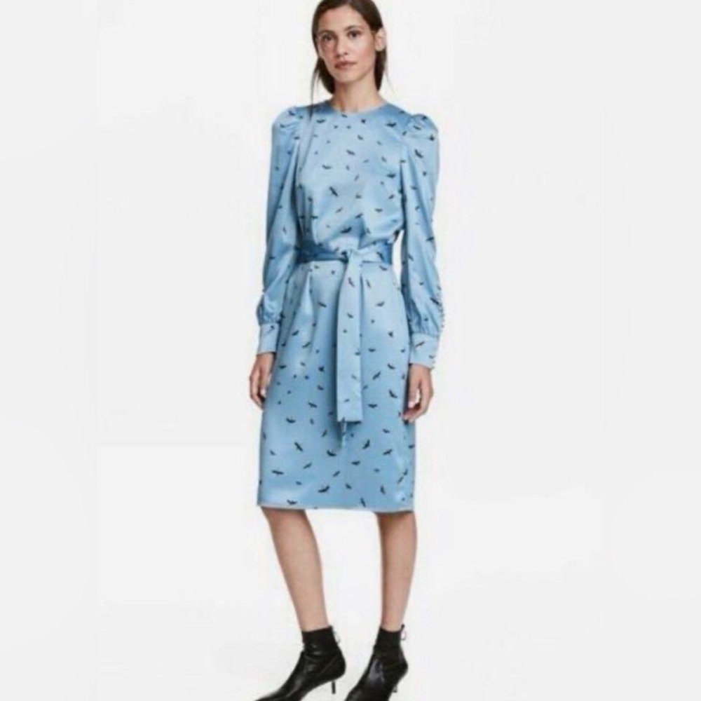 H&M vintage Inspired Crane Bird Patterned Midi Dress with Buttoned Cuffs